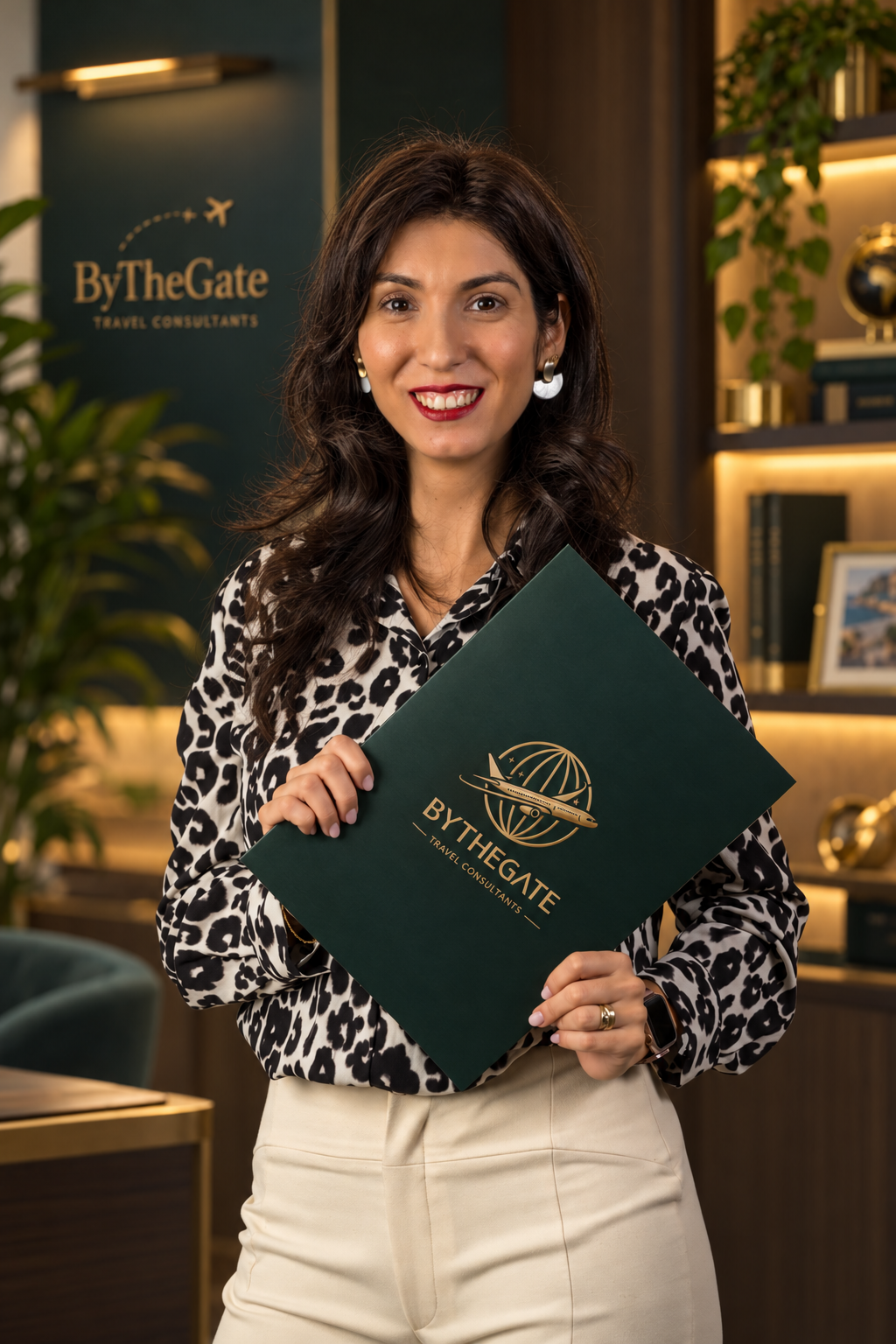 Catarina Cabrita com uma pasta verde ByTheGate, num escritório com as cores da marca